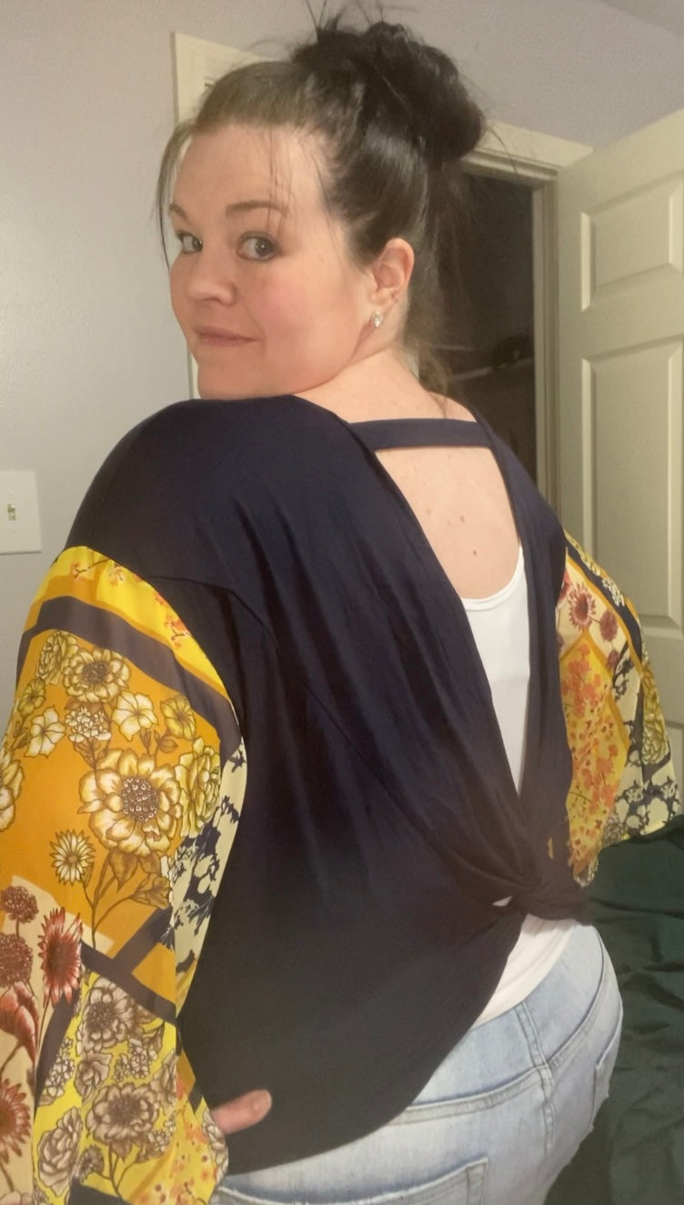 Navy Open Back Blouse