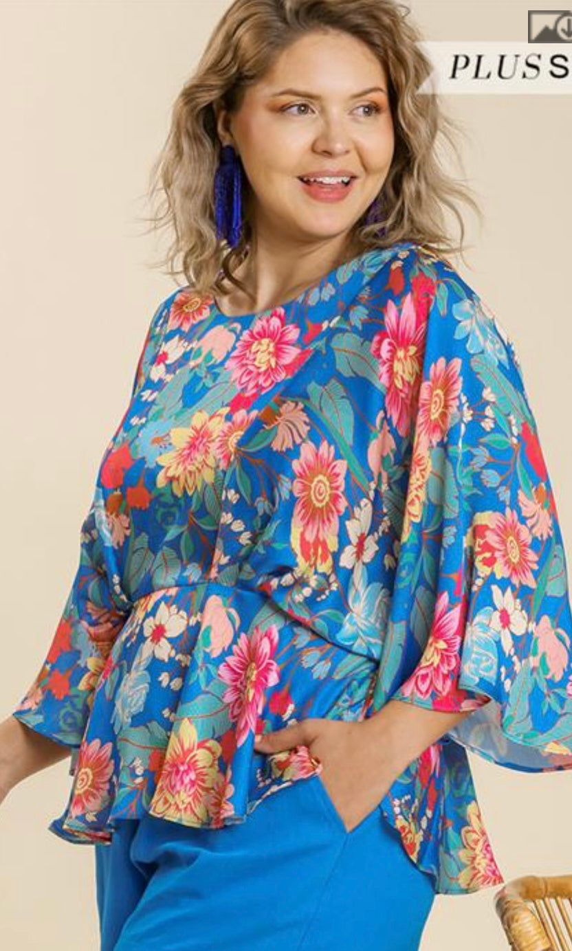 Floral Print Kimono Sleeve Blouse