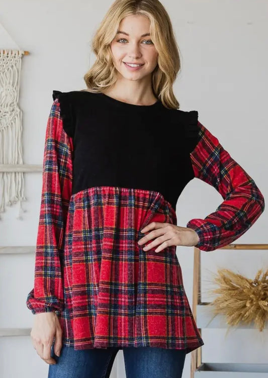 Red Plaid Babydoll Blouse