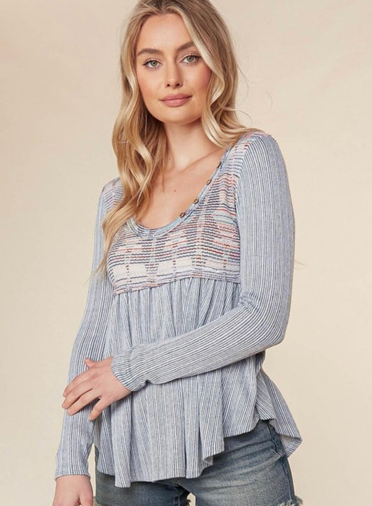 Stripe Button Babydoll Blouse