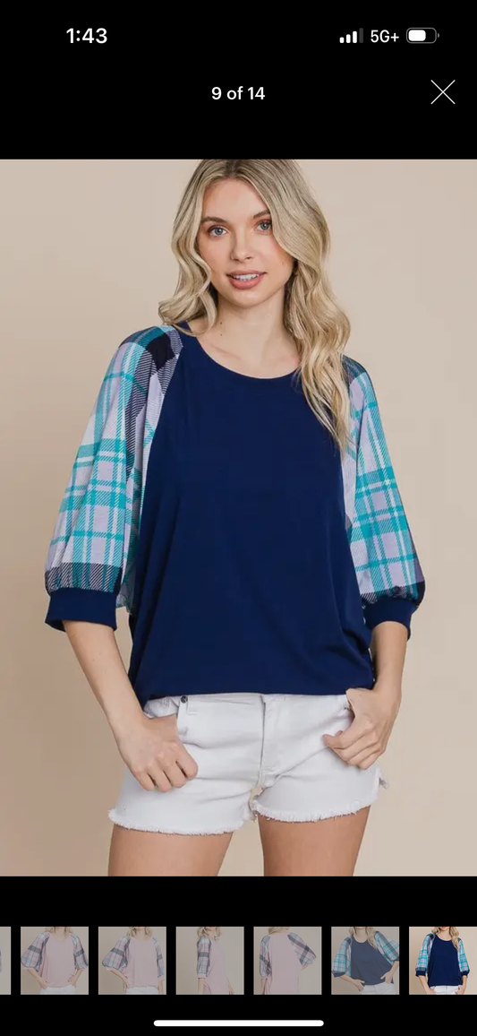 Plaid Bubble Sleeve Blouse